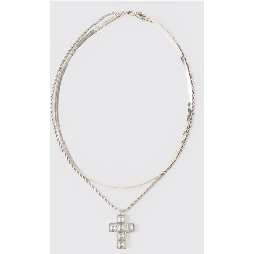 Iced Cross Pendant Double Chain Necklace In Silver - Boohooman - Modalova