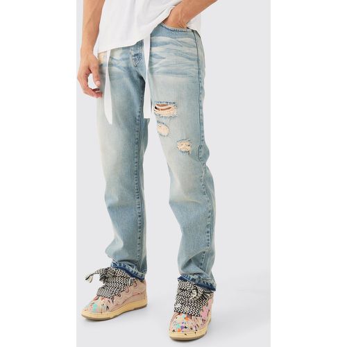 Relaxed Rigid Ripped Let Down Hem Jeans With Extended Drawcords In Antique Blue - - 28R - Boohooman - Modalova