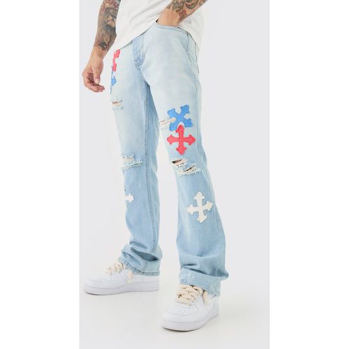 Slim Rigid Flare Applique Panelled Jeans In Ice Blue - - 28R - Boohooman - Modalova