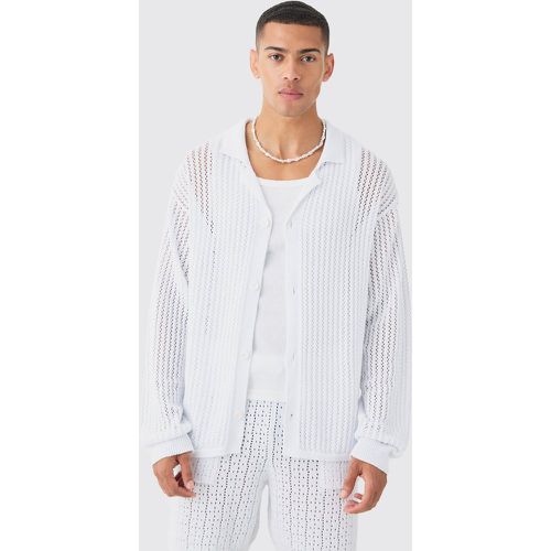 Relaxed Crochet Open Knit Long Sleeve Shirt In White - Boohooman - Modalova