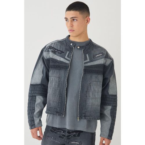 Veste biker oversize en jean à écussons - S - Boohooman - Modalova