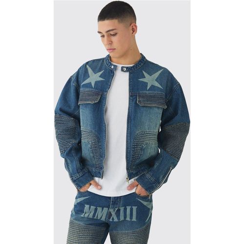 Veste biker oversize en jean à imprimé moto - XL - Boohooman - Modalova