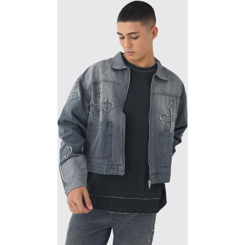 Bomber oversize en jean à écusson croisé - S - Boohooman - Modalova