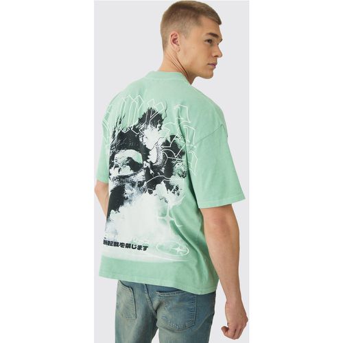 T-shirt oversize délavé à col montant et imprimé dragon - S - Boohooman - Modalova