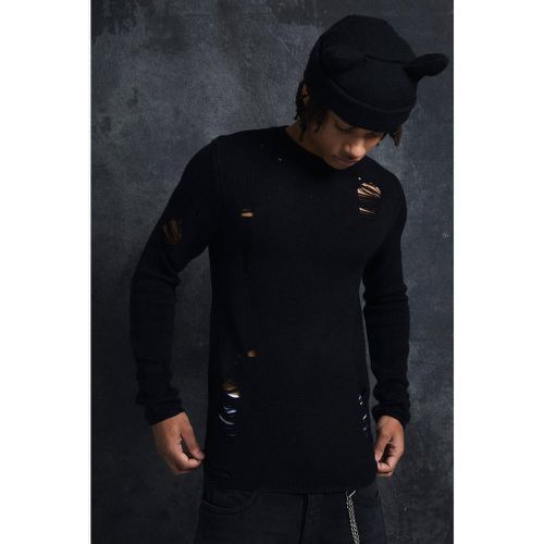 Pull habillé à capuche en maille déchirée - S - Boohooman - Modalova