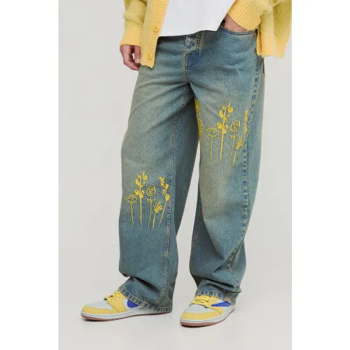 Jean large en denim à broderie - 28R - Boohooman - Modalova