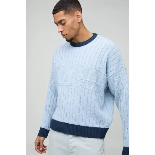 Pull oversize en maille torsadée à col V contrastant - L - Boohooman - Modalova