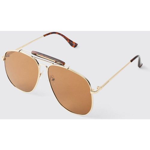 Lunettes de soleil aviateur dorées à imprimé tortue - ONE SIZE - Boohooman - Modalova