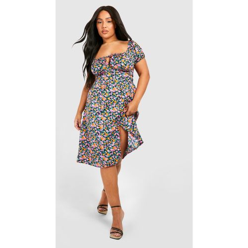 Grande Taille - Robe Mi-Longue Fleurie Fendue À Manches Bouffantes - 44 - boohoo - Modalova