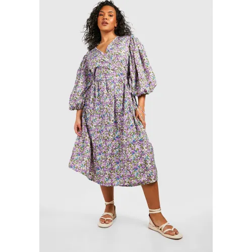 Grande Taille - Robe Mi-Longue Fleurie À Manches Bouffantes - 46 - boohoo - Modalova