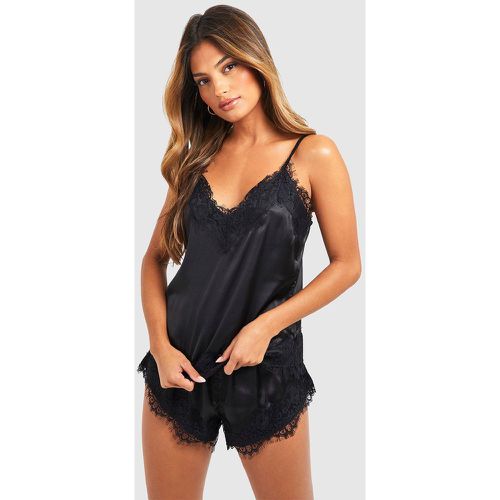 Pyjama Satiné À Dentelle Avec Débardeur Et Short - 38 - boohoo - Modalova