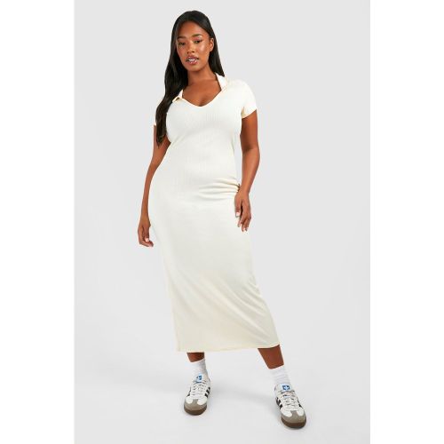 Grande Taille - Robe Mi-Longue Côtelée À Manches Courtes - Blanc Écru - 44, Blanc Écru - boohoo - Modalova