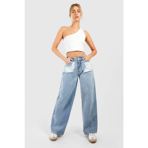 Jean Droit En Denim À Déchirures - 38 - boohoo - Modalova