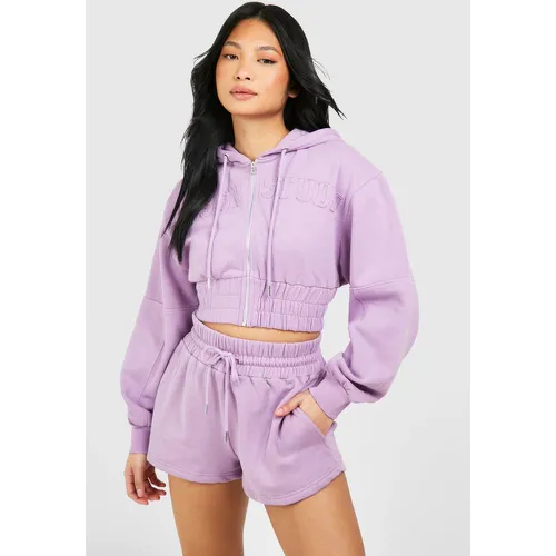 Petite" Dsgn Applique Cropped Hoodie Washed Short Tracksuit - boohoo - Modalova