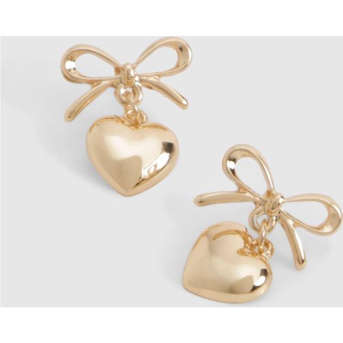 Gold Bow & Heart Drop Earrings - boohoo - Modalova