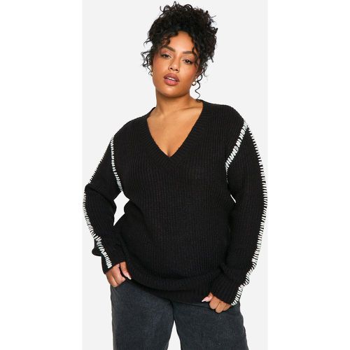 Grande Taille - Pull Long À Col V Et Bordures Contrastantes - 44 - boohoo - Modalova