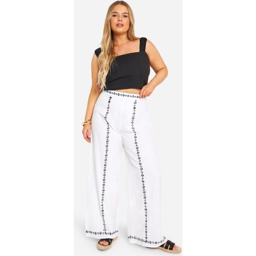 Grande Taille - Pantalon Large En Lin À Broderie - 44 - boohoo - Modalova