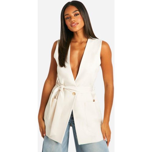 Blazer Long Sans Manches À Ceinture - Blanc Écru - 34, Blanc Écru - boohoo - Modalova