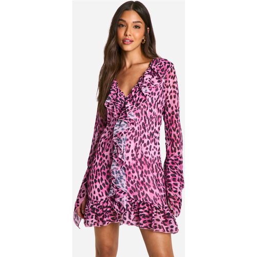 Robe Droite À Volants Et Imprimé Léopard - 38 - boohoo - Modalova