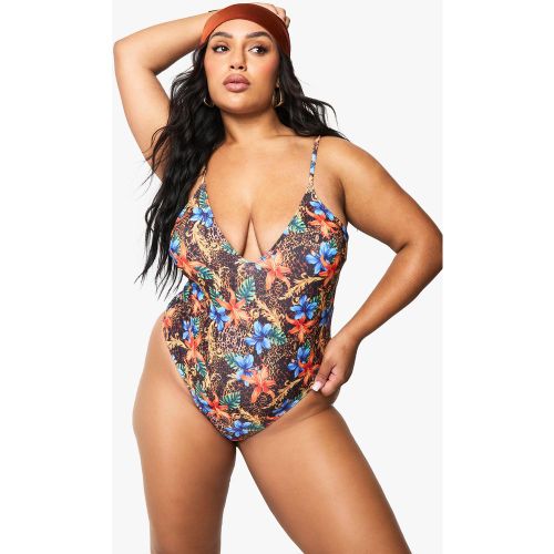 Grande Taille - Maillot De Bain Fleuri À Col Rond - 44 - boohoo - Modalova