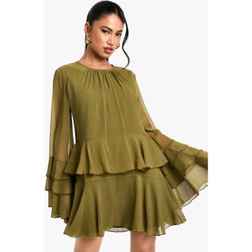 Robe Courte En Mousseline De Soie À Volants Et Manches Évasées - 36 - boohoo - Modalova