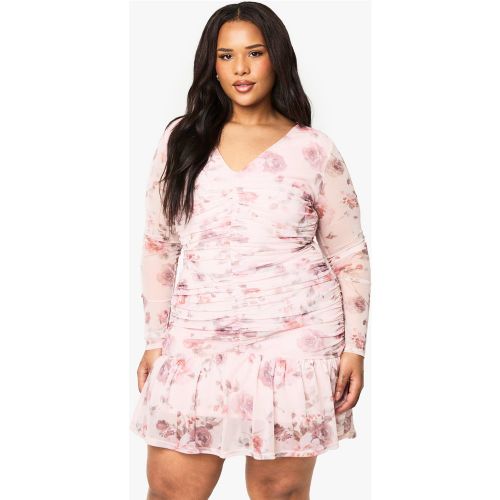 Grande Taille - Robe Courte Froncée Fleurie En Mesh - /Coquille D'Œuf - 44, /Coquille D'Œuf - boohoo - Modalova