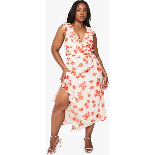 Grande Taille - Robe Portefeuille Fleurie À Volants - 52 - boohoo - Modalova