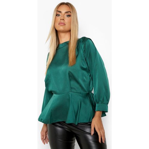 Grande Taille - Chemisier Satiné À Col Montant Et Volants - Vert Émeraude - 46, Vert Émeraude - boohoo - Modalova