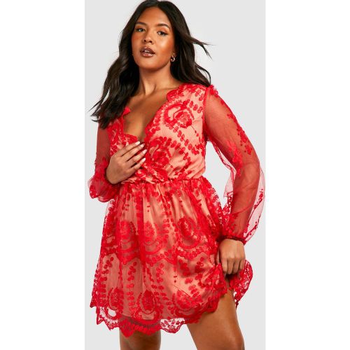 Grande Taille - Robe Patineuse En Dentelle À Décolleté - 44 - boohoo - Modalova