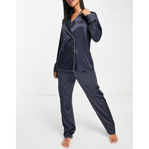 Ensemble pyjama en satin de qualité supérieure avec top croisé à revers et pantalon slim - Bleu - Chelsea Peers - Modalova