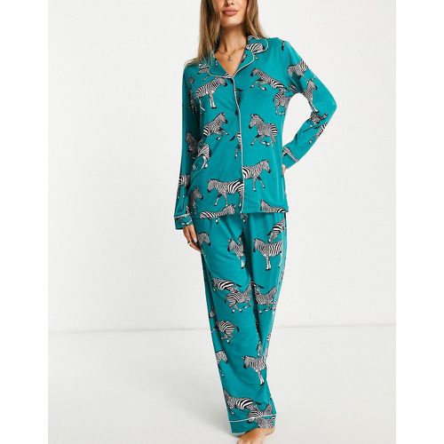 Pyjama avec top à revers et pantalon en jersey écologique - Zèbre turquoise - Chelsea Peers - Modalova