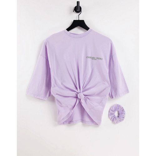 T-shirt crop top noué sur le devant en coton biologique délavé avec chouchou - Lilas - Chelsea Peers - Modalova