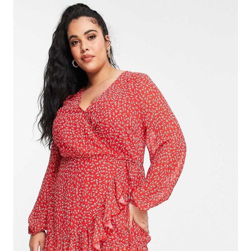 X Jac Jossa - Robe cache-cœur courte à manches volumineuses et imprimé floral - Rouge - In The Style Plus - Modalova
