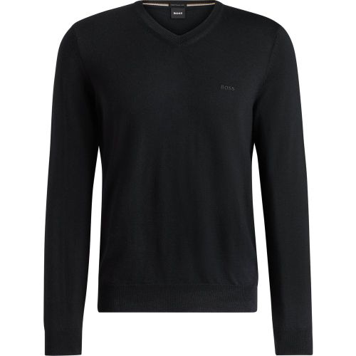 Pull à col V en laine vierge avec logo brodé - Boss - Modalova