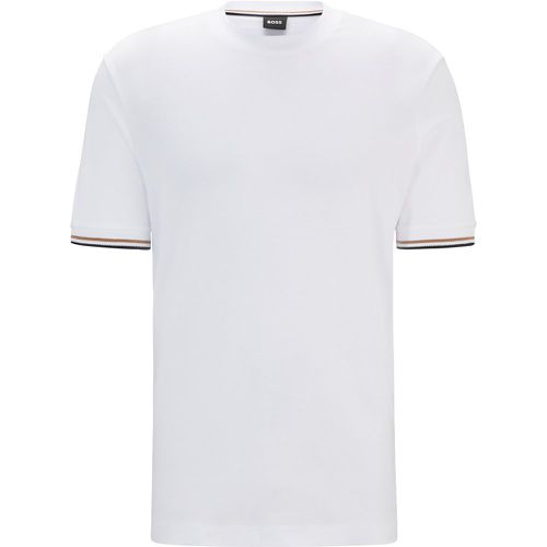 T-shirt en jersey de coton avec bas de manches à rayures emblématiques - Boss - Modalova