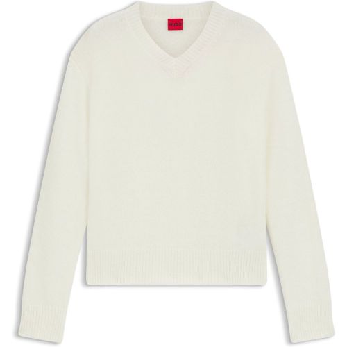 Pull à col V en laine mélangée à détail logoté - HUGO - Modalova