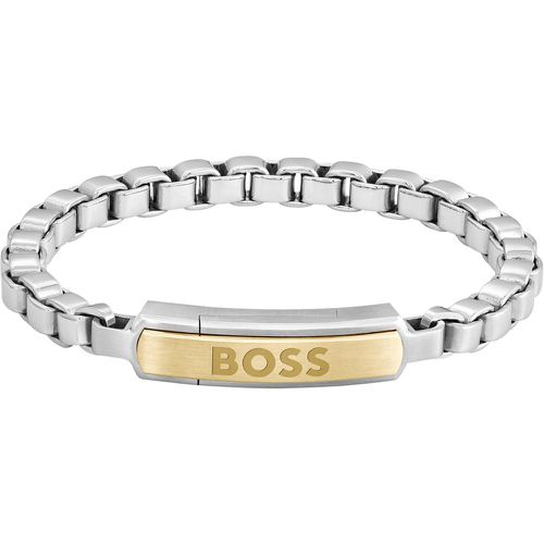 Bracelet chaîne argenté à maillons cubes et plaquette logotée dorée - Boss - Modalova