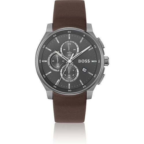 Montre chronographe en acier plaqué gris avec bracelet en cuir - Boss - Modalova