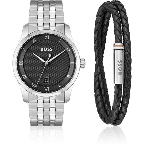 Coffret cadeau avec montre à cadran en relief et bracelet en cuir tressé - Boss - Modalova