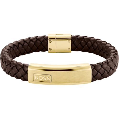 Bracelet en cuir tressé marron avec plaquette logotée dorée - Boss - Modalova