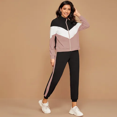 Ensemble sweat-shirt zippé avec blocs de couleurs et jogging - SHEIN - Modalova