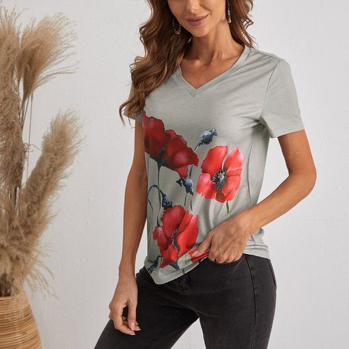 T-shirt avec imprimé fleur et encolure V - SHEIN - Modalova