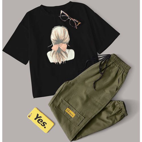 T-shirt à motif figure & Pantalon cargo avec nœud - SHEIN - Modalova