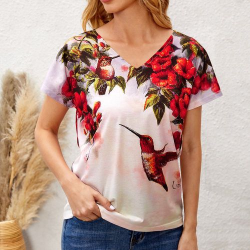 T-shirt encolure V à imprimé floral - SHEIN - Modalova