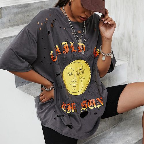 T-shirt oversize soleil à motif lune et lettres déchiré - SHEIN - Modalova