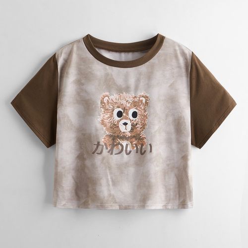 T-shirt court tie dye à blocs de couleurs à imprimé ours - SHEIN - Modalova