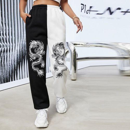 Pantalon de survêtement à imprimé dragon chinois bicolore à poche - SHEIN - Modalova