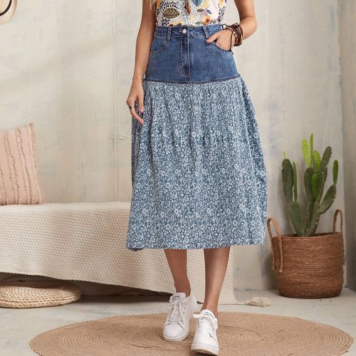 Jupe en jean taille haute contrastant à imprimé fleur ourlet - SHEIN - Modalova