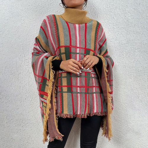 Poncho à carreaux à col montant à franges en tricot - SHEIN - Modalova