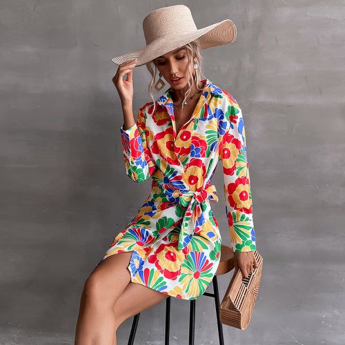 Robe chemise à imprimé floral à nœud - SHEIN - Modalova